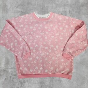 Vintage Granny Pink Floral Daisy Sweatshirt Double Neckline Womens Medium B112